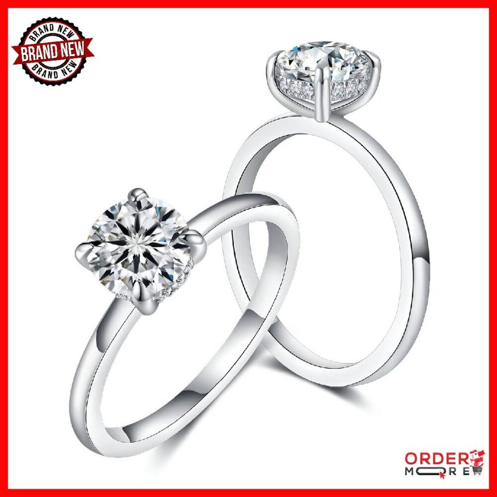 1ct Round Cut Hidden Halo Engagement Ring 18k White Gold Plated Sterling Silver